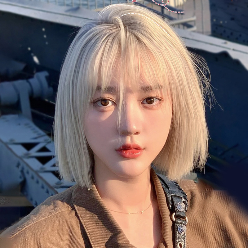 假发女黑棕色短发空气刘海bobo仿真少女圆脸波波头全头套式|undefined