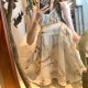 Elegant Ramie halter dress women's 2023 Summer new long over-the-knee design temperament floral skirt fashion