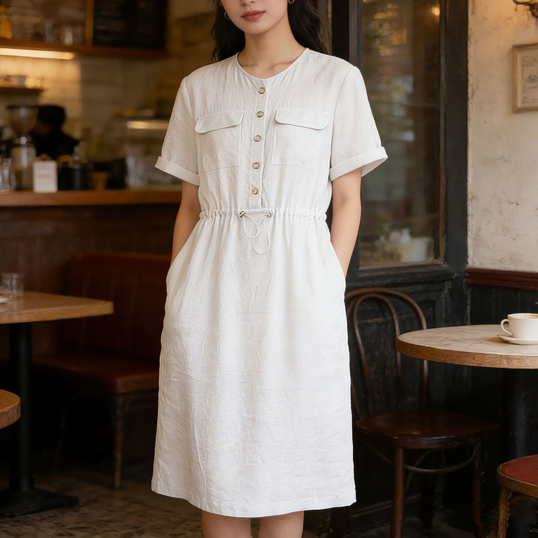 Đầm maxi nữ linen dáng rộng eo rút dây, thiết kế cắt may 3D — màu ô liu xanh chi tiết 1
