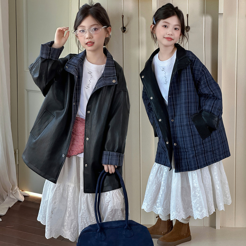 Girls' 2025 Autumn New Reversible Leather Jacket for Older Children Korean Style Spring and Autumn Windproof Jacket for Going Out