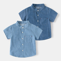 兒童牛仔短袖襯衫2024夏季男童襯衣韓版寶寶立領時尚童裝夏款批發