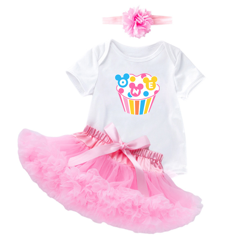 Factory direct selling baby girl foreign-style cute birthday clothes white short-sleeved sweater puffy skirt 3-piece baby children's clothing