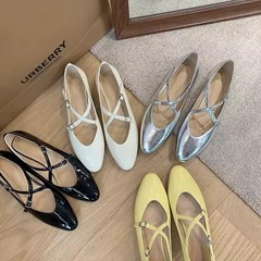 網紅風銀色瑪麗珍鞋秋冬女2024春里外全皮平底單鞋淺口女鞋