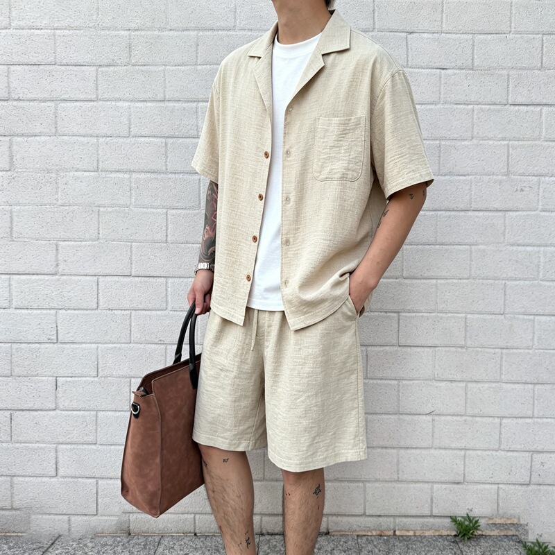 Summer New Style Hong Kong Style Men's Short-Sleeved Shorts Suit Large Size Loose Solid Color Linen Shirt Men's Casual Suit Summer New Style Hong Kong Style Men's Short-Sleeved Shorts Suit Large Size Loose Solid Color Linen Shirt Men's Casual Suit