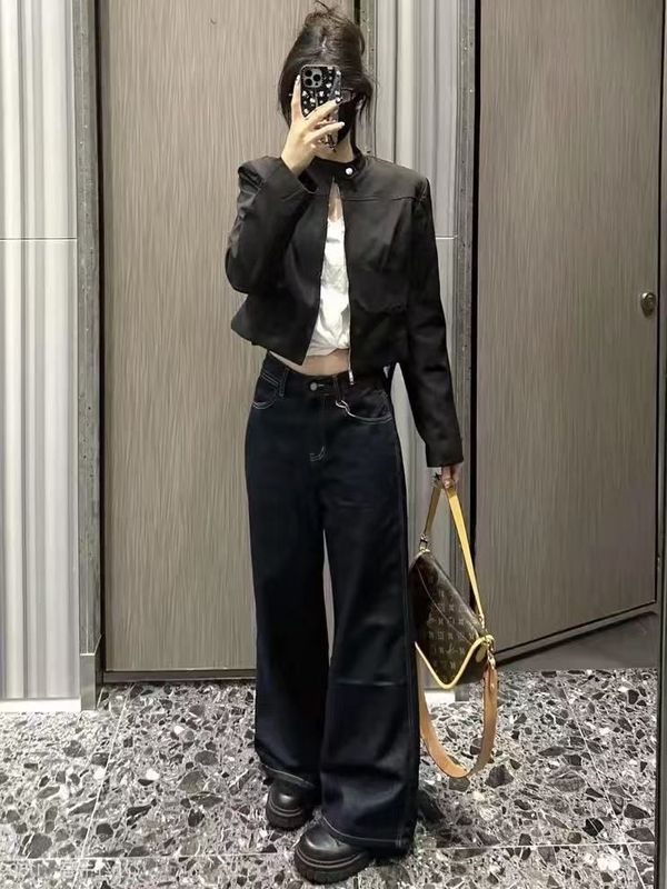 美式复古黑色立领外套女秋季Cleanfit短款拉链气质高级感机车夹克|undefined