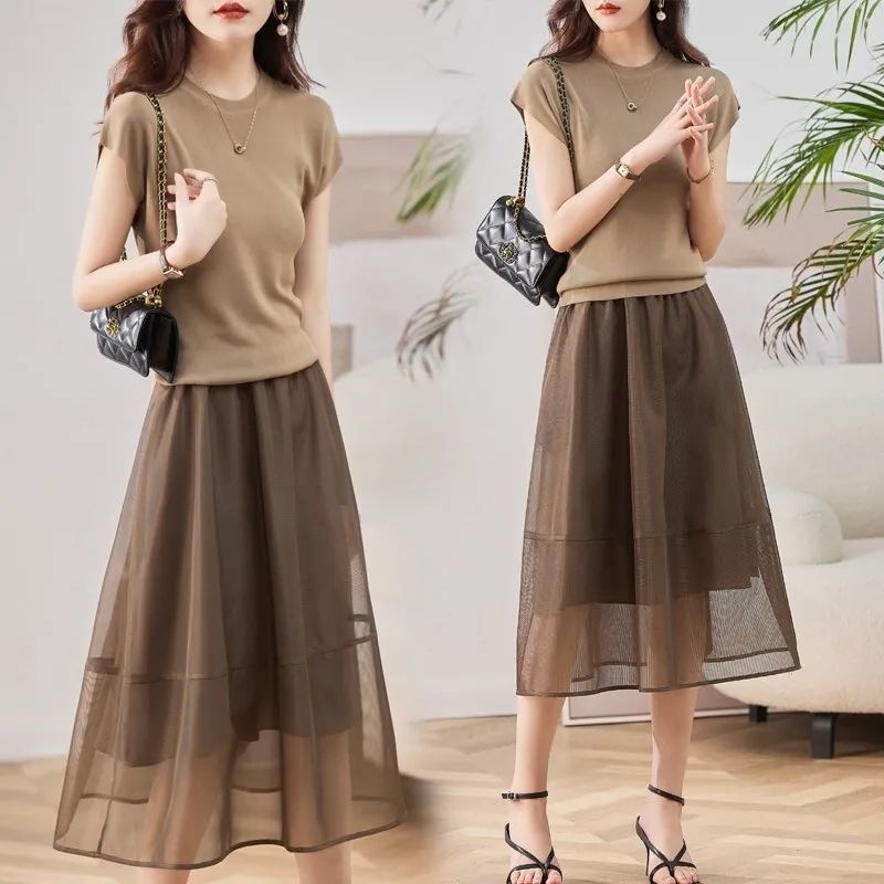 Fashion suit 2025 summer new style elegant waist thin ice silk knitted dress two-piece set