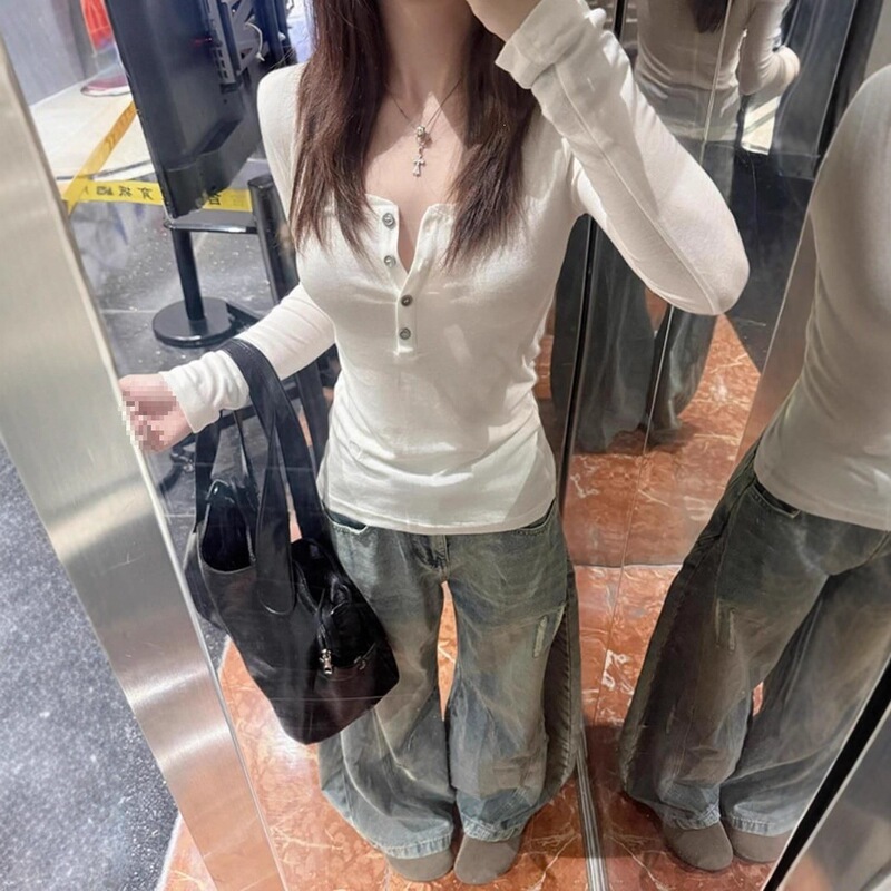 American-style white Henley U-neck long-sleeve t-shirt for women, autumn slim-fit base shirt, versatile trendy top for stylish girls