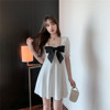 Bow square neck low cut waist solid color A-line umbrella swing skirt base skirt Short Sleeve Dress