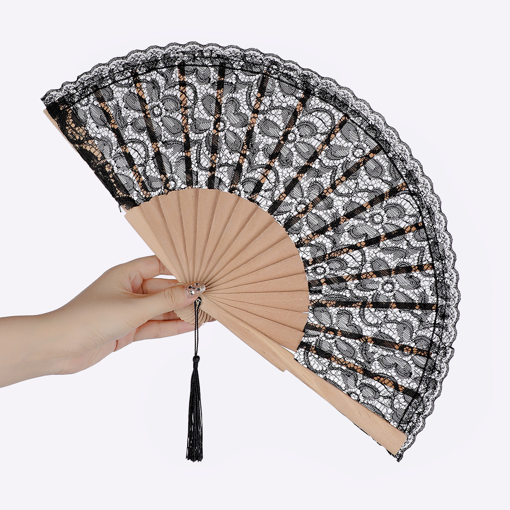 古风折叠扇女式蕾丝舞蹈扇木质手柄蕾丝扇汉服配饰便携花边小扇子