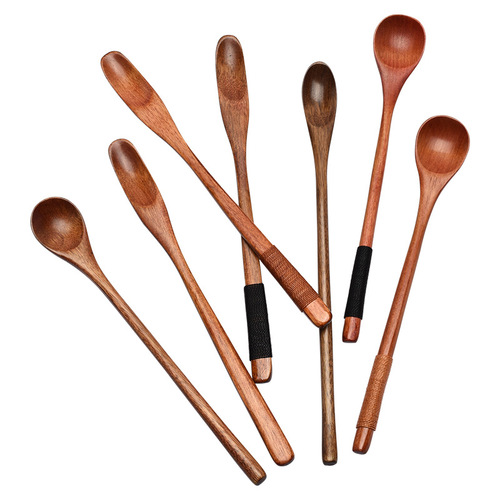 Japanese and Korean style tied cooking small wooden spoon 23cm long handle mixing spoon creative honey spoon wholesale nanmu coffee spoon