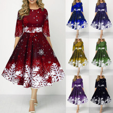 现货圣诞款跨境欧美女装新款时尚雪花数码印花气质中袖收腰连衣裙