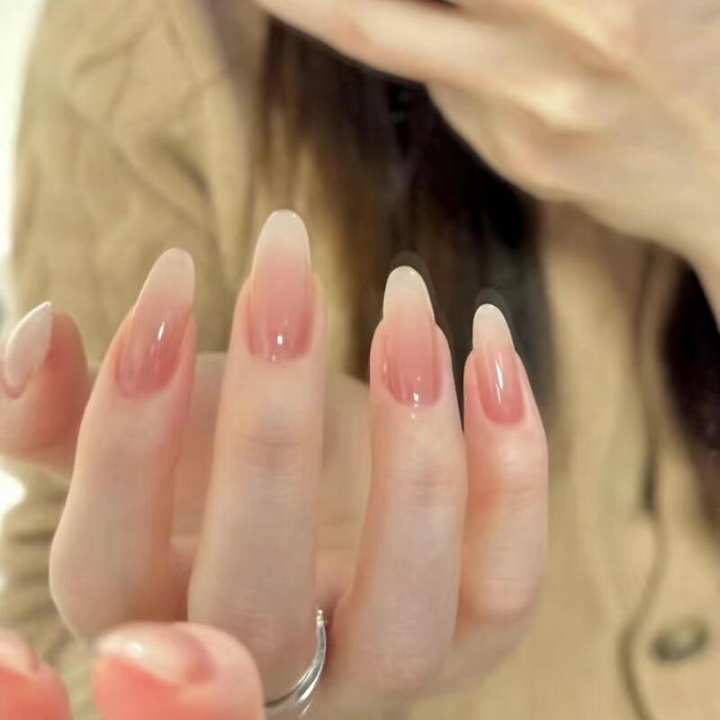 Pure hand-worn nail oval ice transparent nude nail art gradient solid color finished nail stickers fake nail phototherapy patch