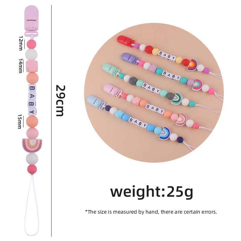 Nuevos suministros para bebés chupete Cadena de dibujos animados lindo arco iris de silicona pequeña cadena anti-caída mordedor