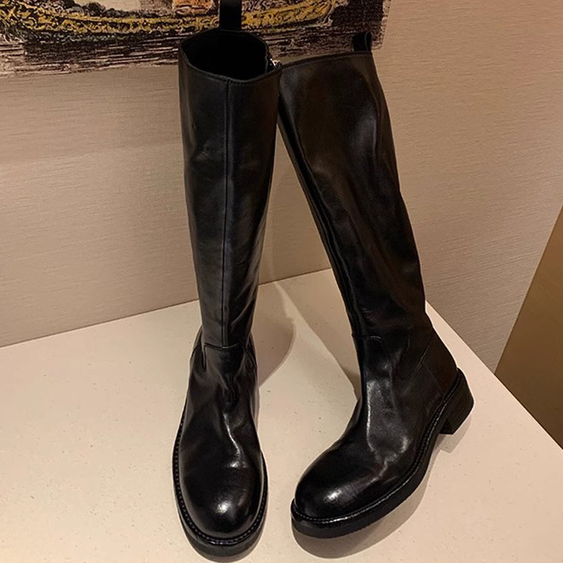 Uva mamá Nuevo estilo lavado caballo cuero grueso talón plataforma botas altas cremallera lateral simple adelgazamiento Knight botas para las mujeres