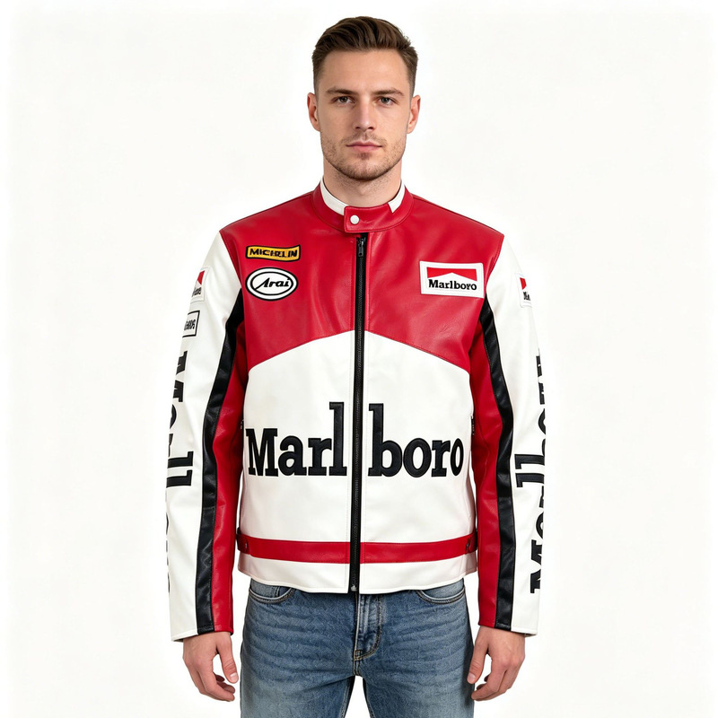 Marlboro Pu Embroidered F1 Racing Suit Leather Jacket Gothic Punk Retro Style Motorcycle Jacket Custom-Made Marlboro Pu Embroidered F1 Racing Suit Leather Jacket Gothic Punk Retro Style Motorcycle Jacket Custom-Made
