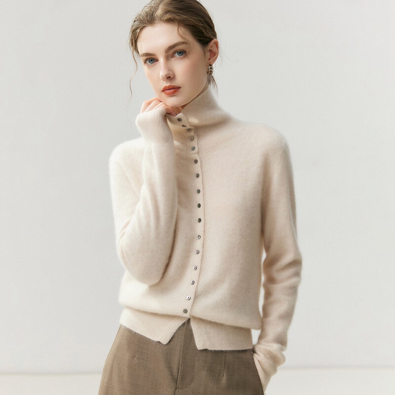 New 100% pure cashmere knitted cardigan for women, high-necked French-style elegant top, slimming and soft base sweater New 100% pure cashmere knitted cardigan for women, high-necked French-style elegant top, slimming and soft base sweater