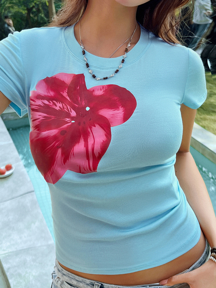 Spring Summer Top Women Casual Slim Fit Waist Floral Printed Short Sleeve T shirt