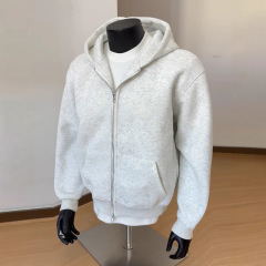 25年新款白灰色开衫卫衣男款秋季cleanfit双头拉链外套美式连帽衫