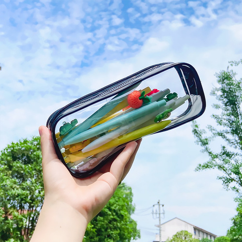 Simple transparent zipper toiletry and makeup storage bag Cross-border student waterproof PVC black and white solid color plastic pencil bag