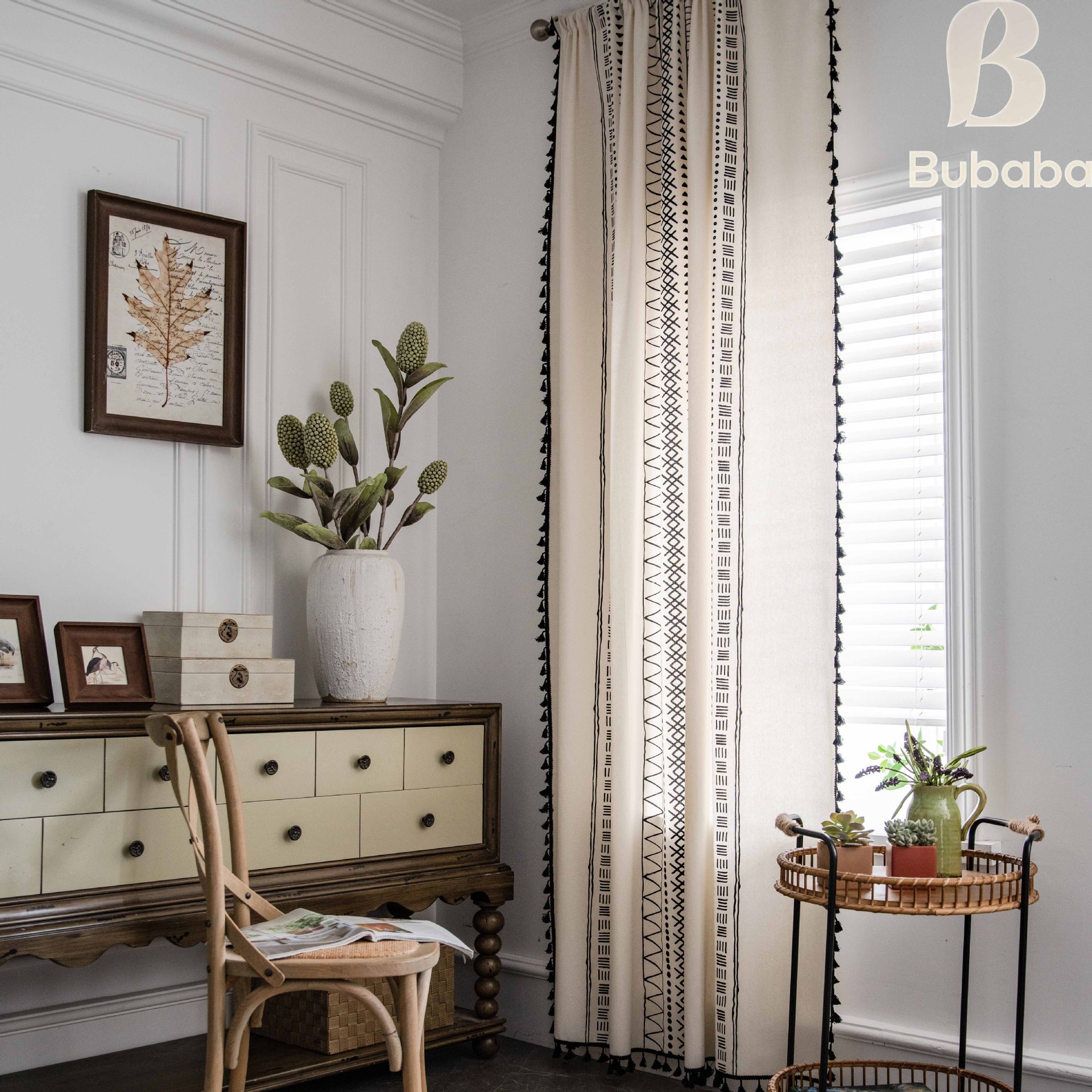 Cortinas blackout de algodão e linho com estampa geométrica boho_voghion.com