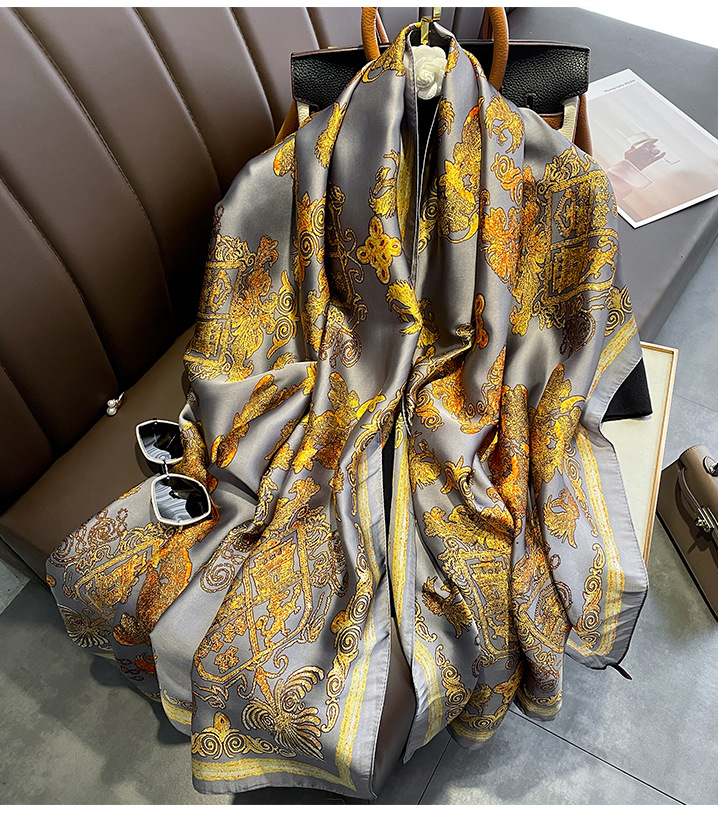 Retro Gilt Printing Classic Simulation Silk Brocade Large Long Scarf Shawl display picture 1