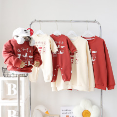 National style parent-child clothing 2023 autumn and winter family of three and four sweatshirts plus velvet and thickened festive baby mother and daughter New Year clothes