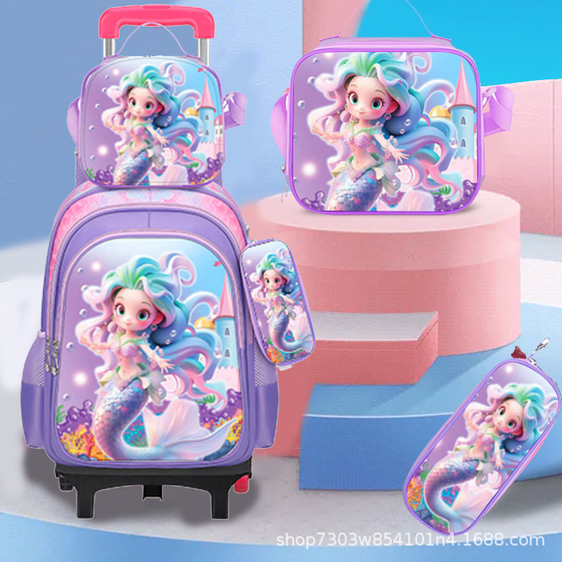 新款可爱小学生拉杆书包3~6年级卡通三件套两轮六轮儿童书包现货