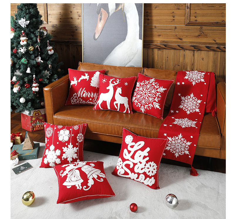 Federa natalizia in puro cotone ricamato Fodera per cuscino natalizio per divano cartone animato alce fiocco di neve Federa natalizia_voghion.com