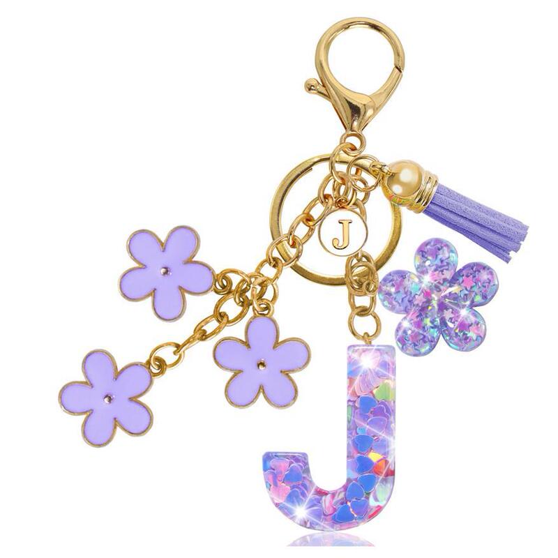 Resin Letter Initial Alphabet Key Chain Tassel Flower Shape Pendant Key Ring for Purse Handbag Car Key