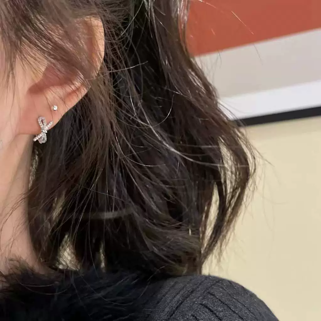 Earrings with bow with zircon, micro incrustation, internet celebrity