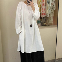 2025早秋款中长款亚麻T恤衫女文艺纯色长袖宽松圆领套头衬衣小衫