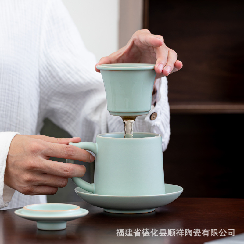 龙雀汝窑办公杯领导杯开片茶水分离泡茶杯带盖过滤陶瓷杯大容量|ms