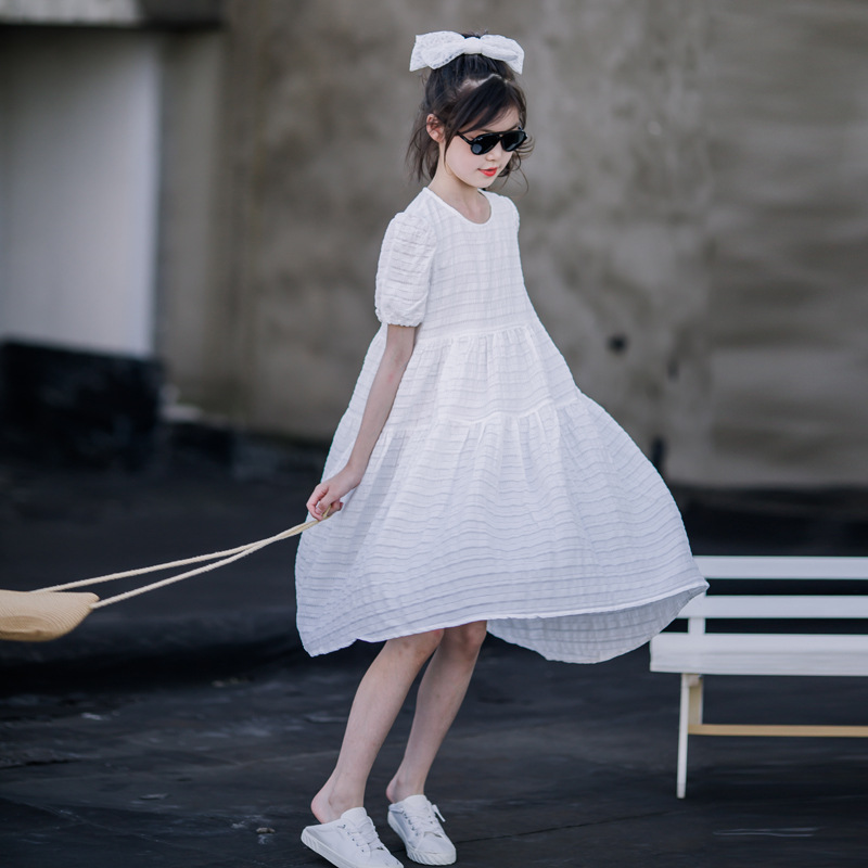 2023 ropa de verano para niños vestido blanco de niñas medio y grande para niños suelto delantero corto trasero largo neto rojo princesa vestido nuevo