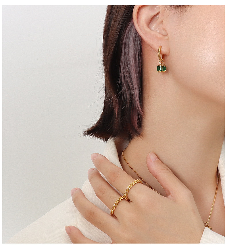 Women'S Gender European And American Compact Four-sided Emerald Zircon Ttanium Steel Plated Earrings