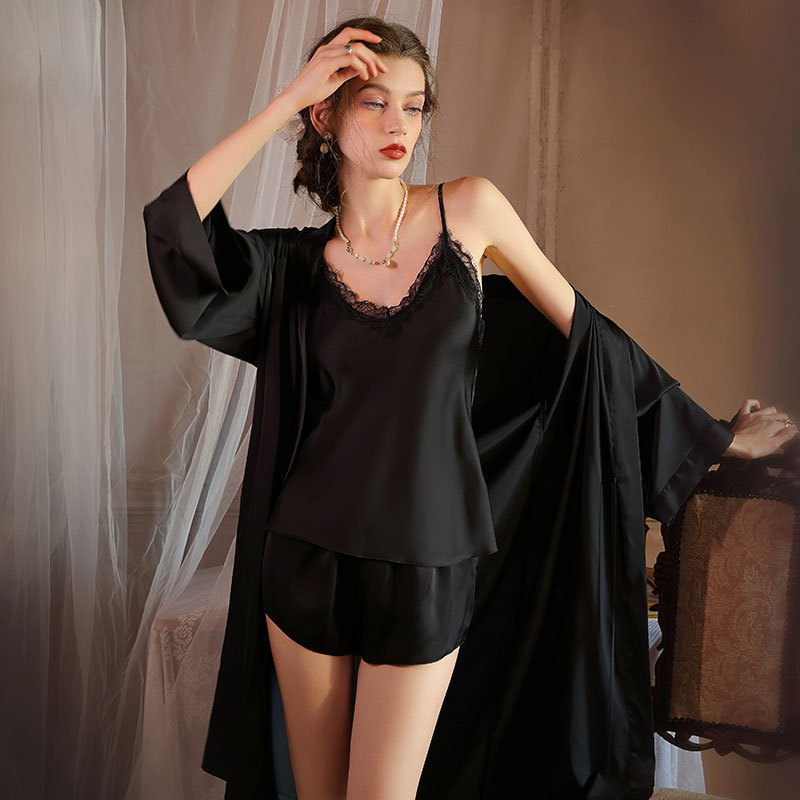 Sexy pajamas can be worn outside lace underwear Ice Silk suspender shorts outer robe summer women's French homewear wholesale