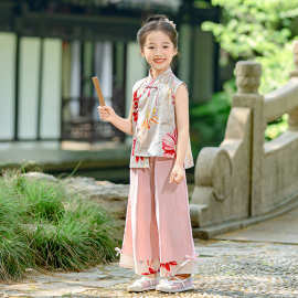 女童汉服套装2025夏季超仙棉麻两件套儿童演出中式唐装旗袍两件套
