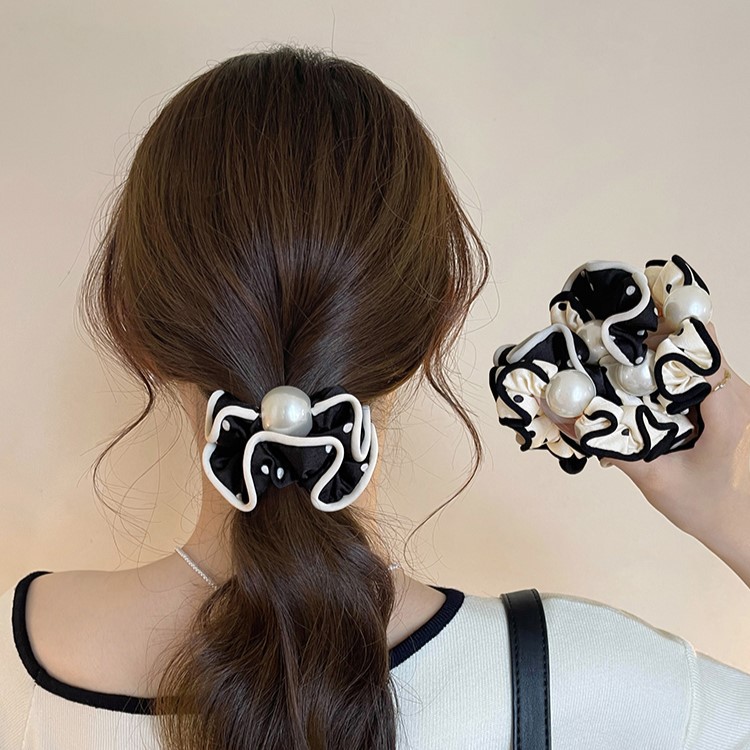 Fransk stil prickig scrunchie med pärlor elastisk hårsnodd_voghion.com
