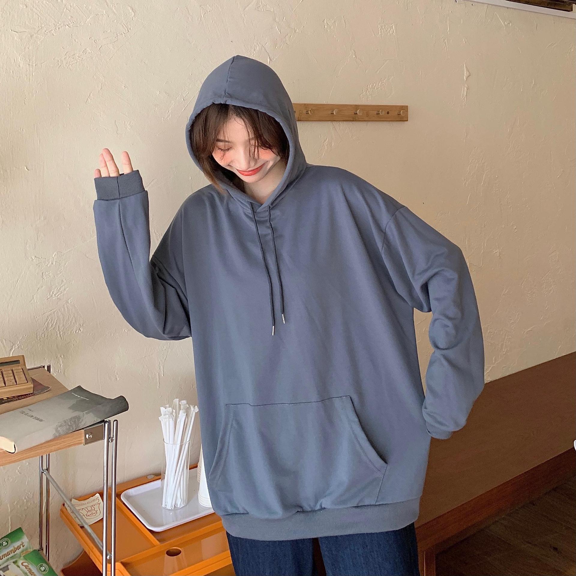 Sweatshirt Women's Autumn and Winter Cotton New Korean Style Hooded Loose Student Solid Color Top Casual Girl Long Sleeve Jacket