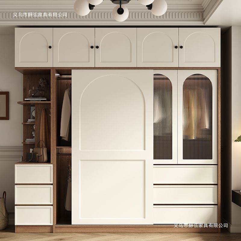 Solid Wood Wardrobe French Sliding Door Wardrobe Simple Modern Home Bedroom Walnut Color 1.8mm Thickeneded Large Wardrobe