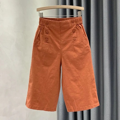 Pure cotton cropped pants for women in summer elastic high waist slimming wide-leg casual pants temperament versatile thin medium pants 2503
