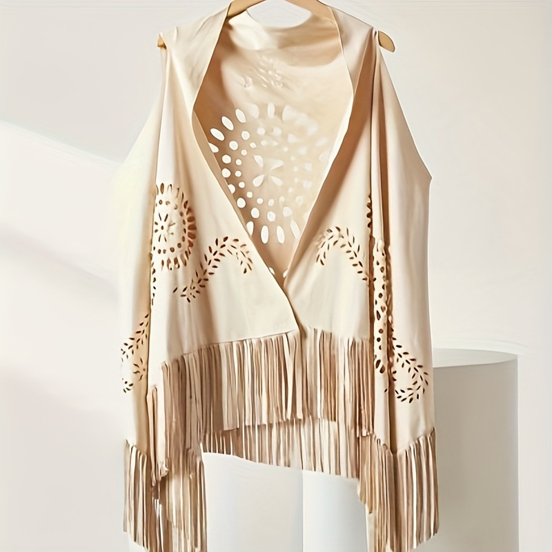 Women's Tassel Shawl Vest European and American Cut Out Cloak Girls Elegant Fashionable Mature Pure Color Warm Triangle Scarf