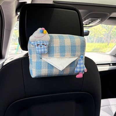 Car tissue box/set — Cartoon Plaid Bear Car Seat - blue-ice-cream-blue-umbrella-plaid-tissue-draw-blue