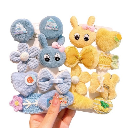 Autumn and Winter New Plush Rabbit Hair Clips for Kids, Cute Cartoon Hair Accessories Set for Babies, Non-Damaging to Hair, Sideburn Clips