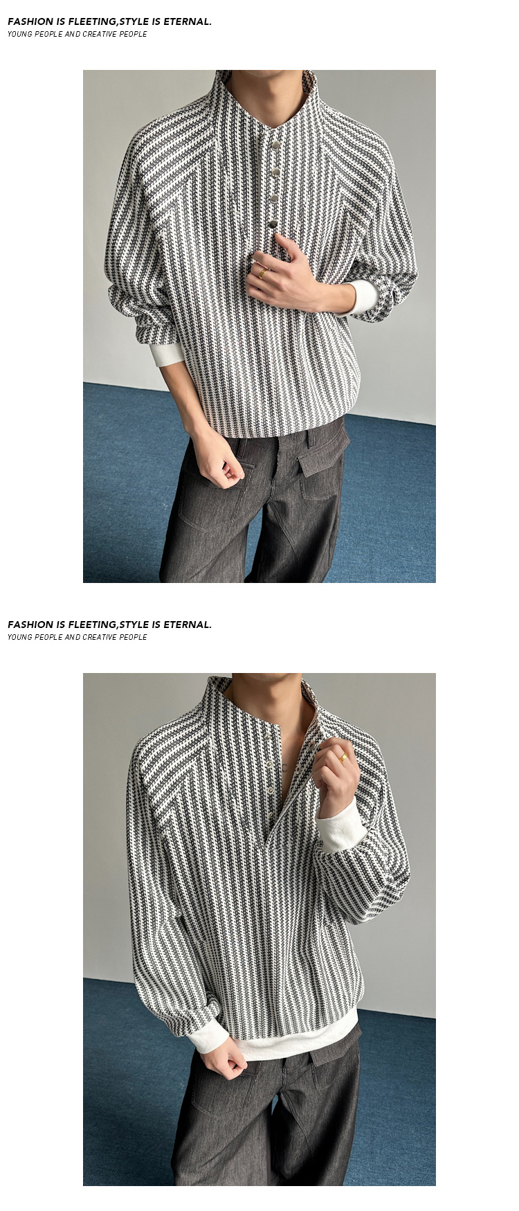 Unisex Fishbone Striped Henley Sweatshirt Autumn Designer Style_voghion.com