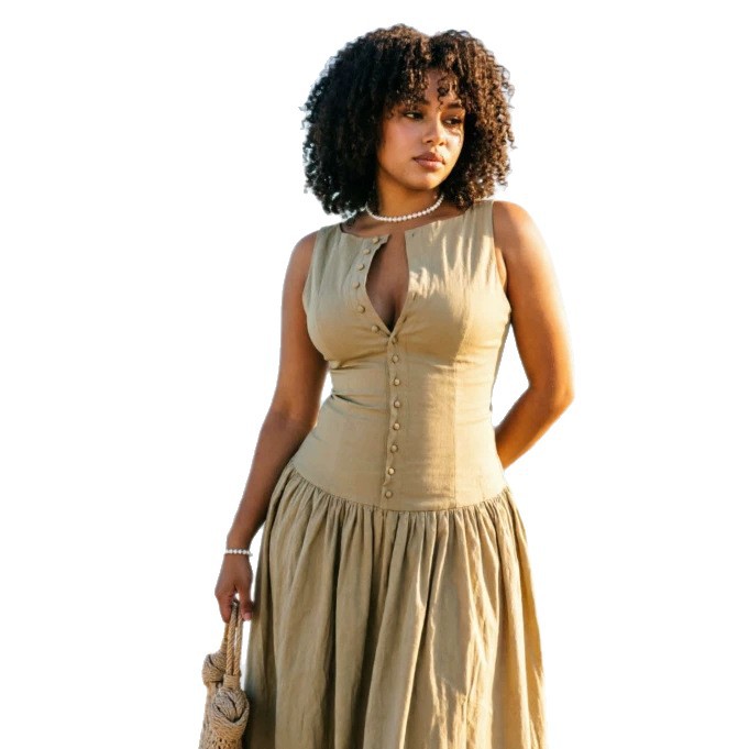 French Style Solid Hollow Out Sleeveless Waist Cinched Dress Women's Single Breasted Slim Fit Mid Length Vacation Long Dress_ecoleips.com