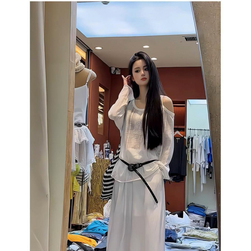 韓国風デザインオフショルダーカジュアルファッションTシャツレディース夏新作ゆったり薄手微透け日焼け止めツーピースセット女性用|undefined