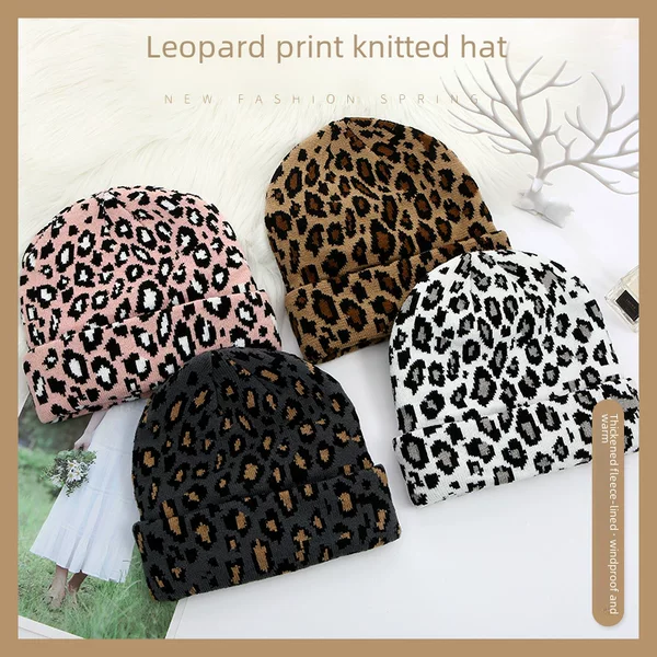 American Retro Leopard Print Knitted Hat, Winter Warm Beanie with Rolled Brim, Versatile, Face-Slimming, Trendy Hat Wholesale