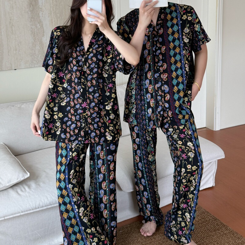Cotton Silk Couple's Loungewear Short-Sleeve Thin Loose Wide-Leg Pants Summer Wearable Outdoor Air-Conditioned Clothing Set Cotton Silk Couple's Loungewear Short-Sleeve Thin Loose Wide-Leg Pants Summer Wearable Outdoor Air-Conditioned Clothing Set