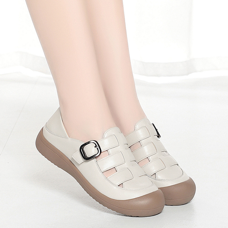 Sandal nữ mũi nhọn da bò thật đế dày thoáng khí — đen