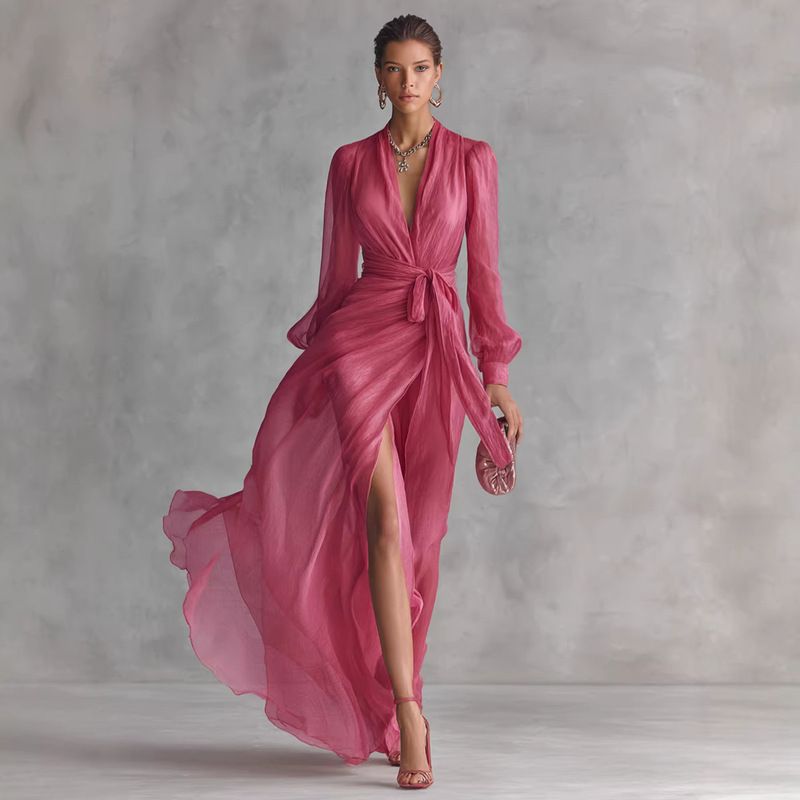 2026 European and American Spring New Style Elegant V-Neck Tie Long-Sleeve Dress Cross-Border Organza Fairy Dress